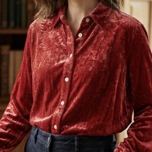 Velvet Button-Up Blouse in Deep Red